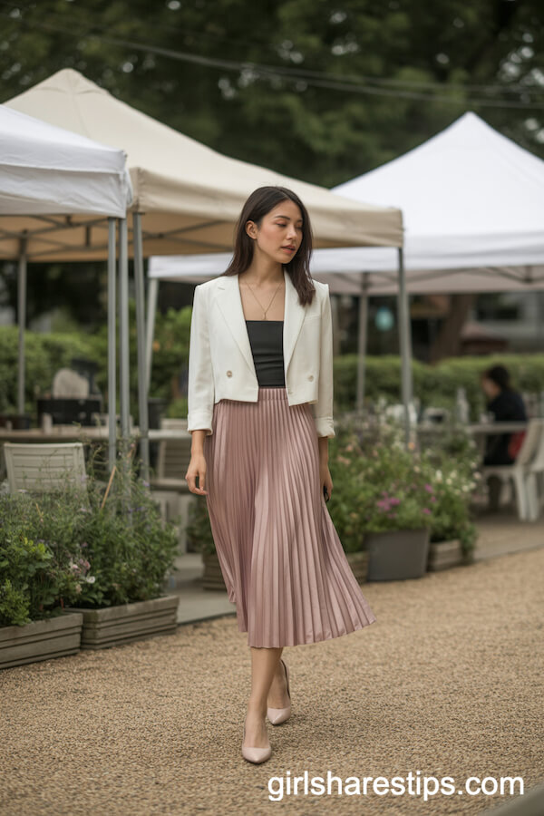 Blush Pleated Midi Skirt with Cropped Blazer