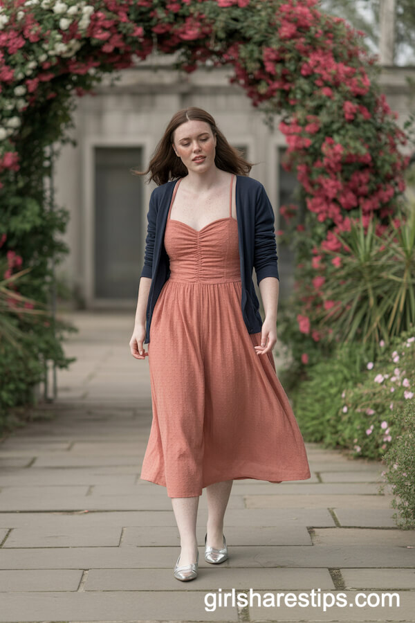 Coral Midi Dress with Navy Cardigan and Silver Flats