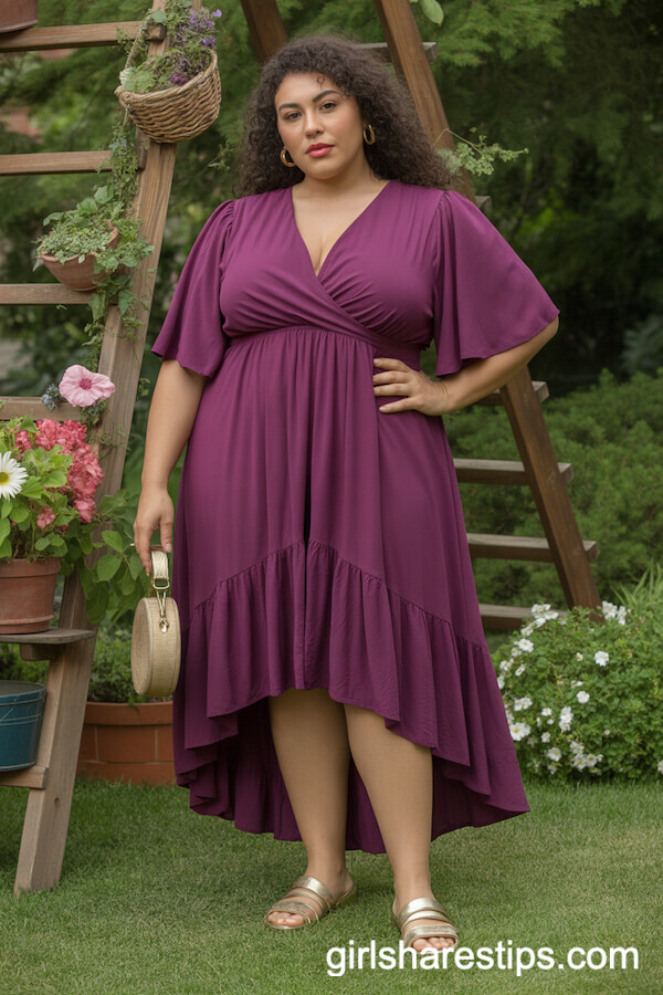 Deep Violet High-Low Dress with Gold Sandals