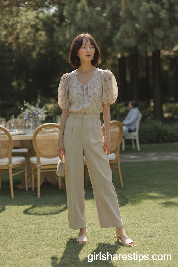 High-Waisted Beige Trousers with Puff-Sleeve Floral Blouse