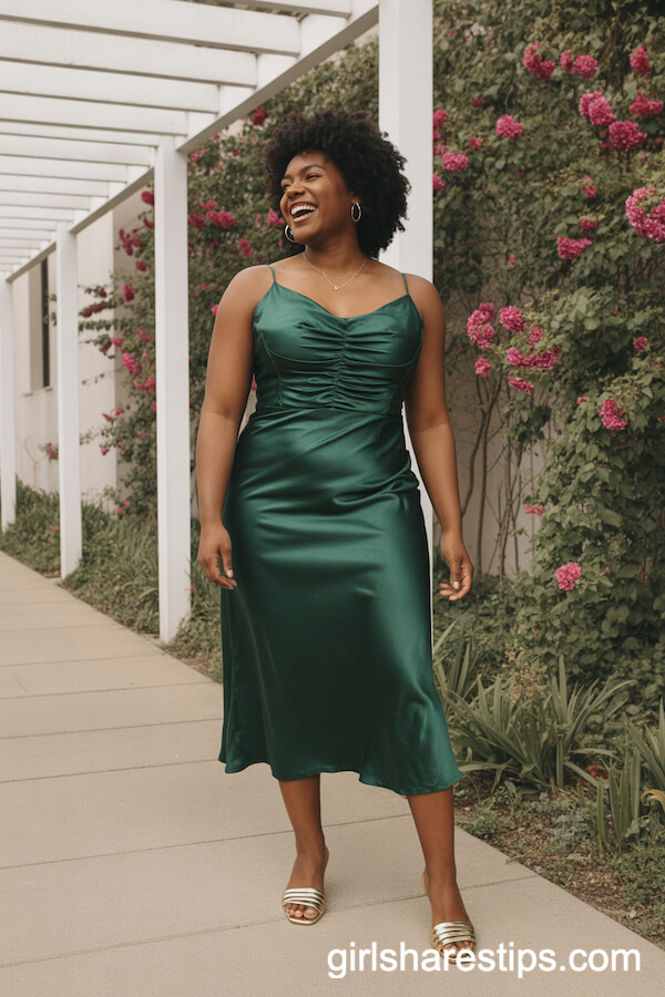 Emerald Satin Midi Dress with Ruched Bodice
