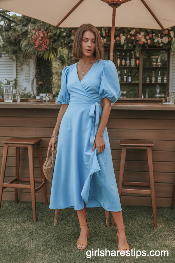 Sky Blue Puff-Sleeve Midi Wrap Dress with Ankle-Strap Sandals