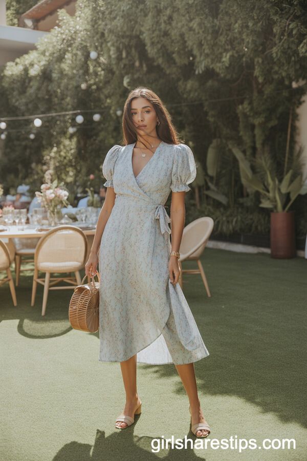 Floral Wrap Dress with Woven Bag and Tan Sandals