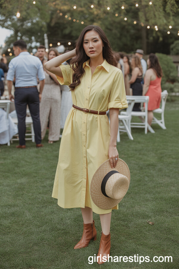 Pale Yellow Belted Shirtdress with Brown Ankle Boots