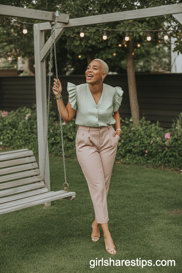 Blush Cropped Trousers with Light Green Ruffled Blouse
