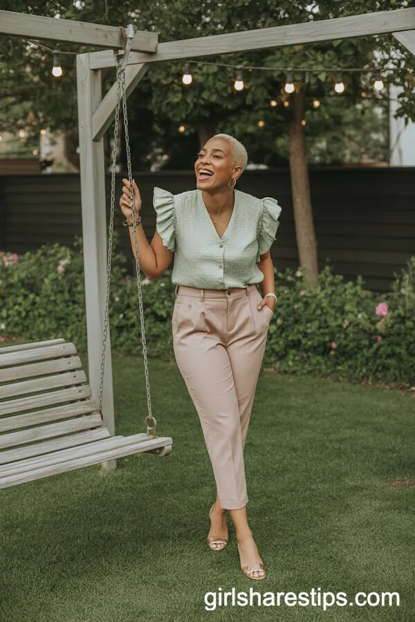 Blush Cropped Trousers with Light Green Ruffled Blouse