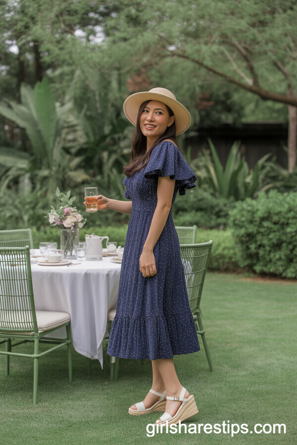 Navy Polka Dot Tea Dress with Sun Hat and White Wedges