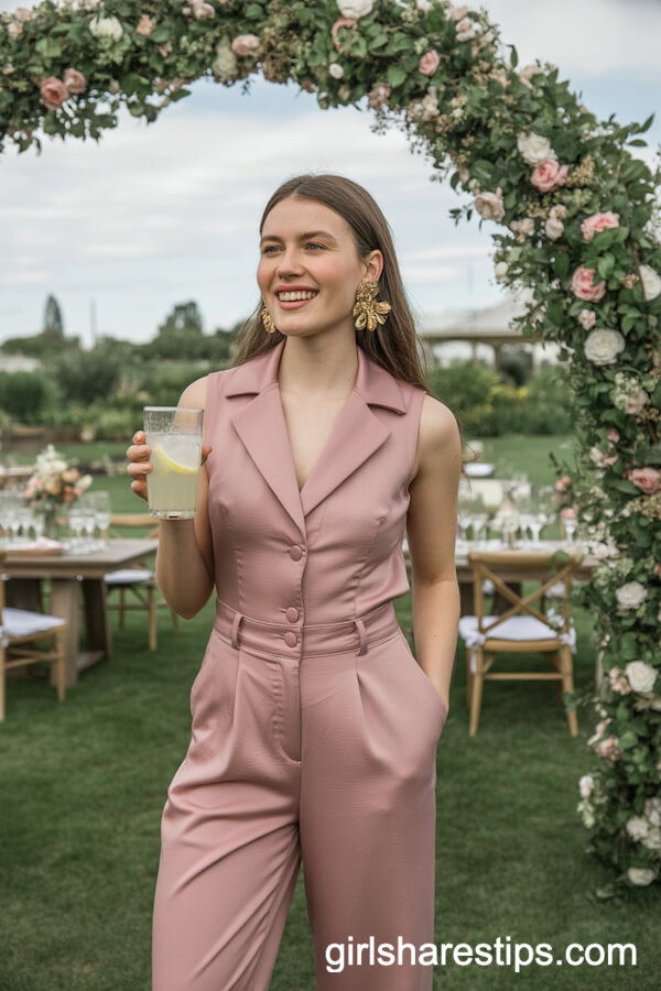 Dusty Rose Tailored Jumpsuit with Gold Accessories