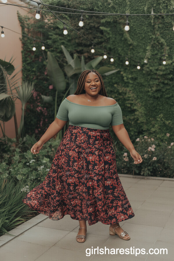 Bold Floral Maxi Skirt Green Off-Shoulder Top