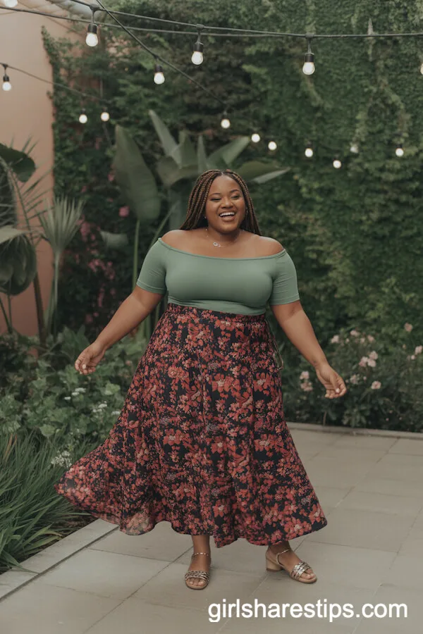 Bold Floral Maxi Skirt Green Off-Shoulder Top