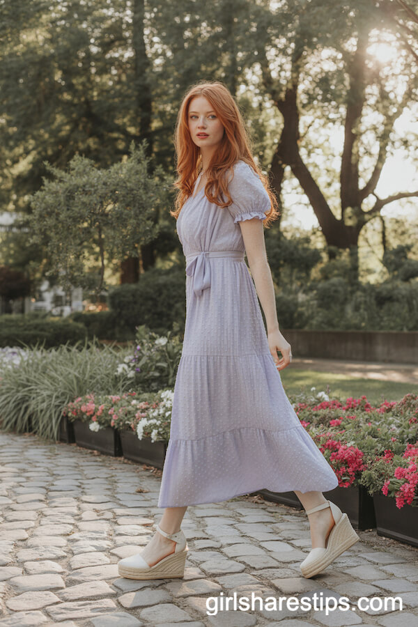 Lavender Ruffle Dress with Espadrille Wedges
