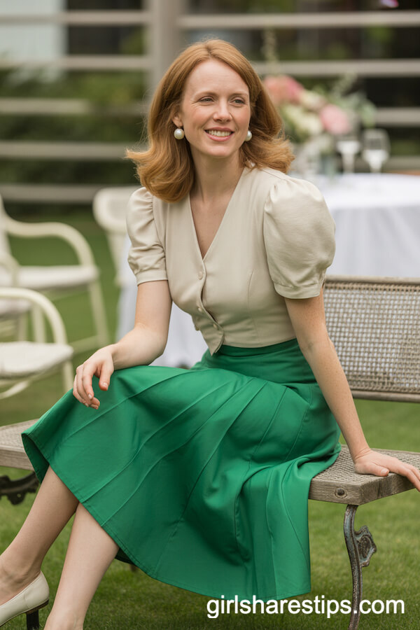 Emerald Midi Skirt with Cream Blouse and Pearls
