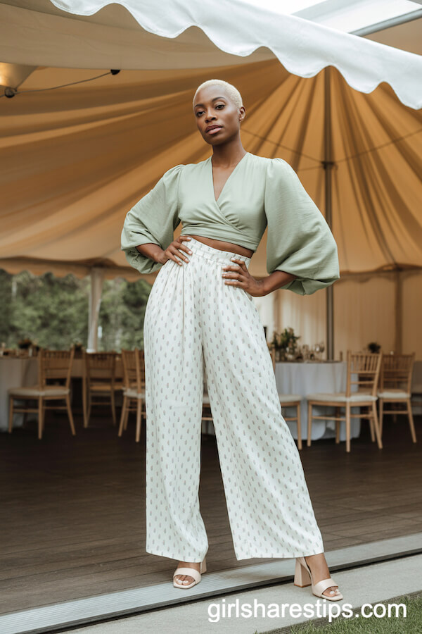 White Wide-Leg Pants Sage Wrap Top