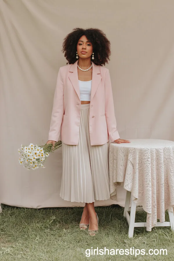 Pastel Pink Blazer and Cream Pleated Skirt Ensemble