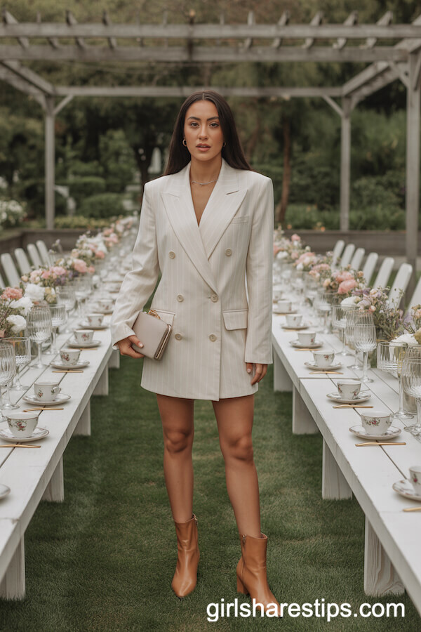 Off-White Double-Breasted Blazer Mini Dress Tan Ankle Boots