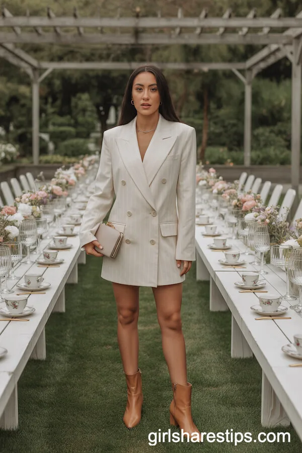 Off-White Double-Breasted Blazer Mini Dress Tan Ankle Boots