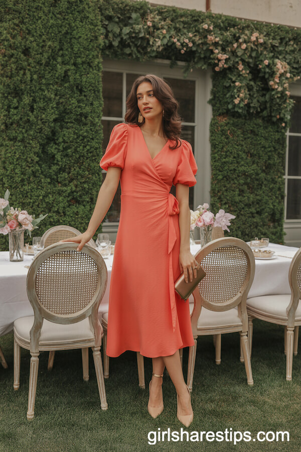 Bright Coral Wrap Midi Dress Sculptural Nude Heels