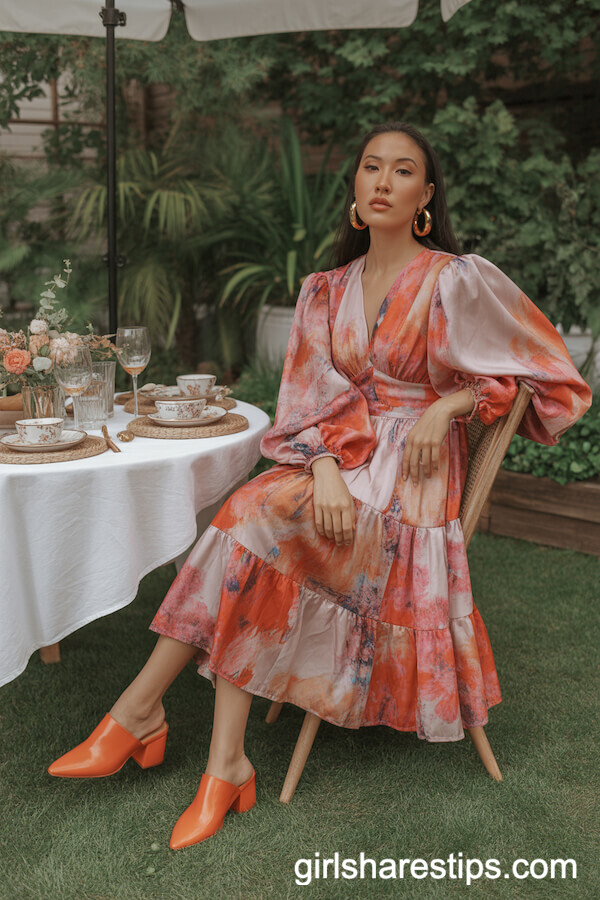 Bold Tiered Floral Midi Dress and Orange Heeled Mules