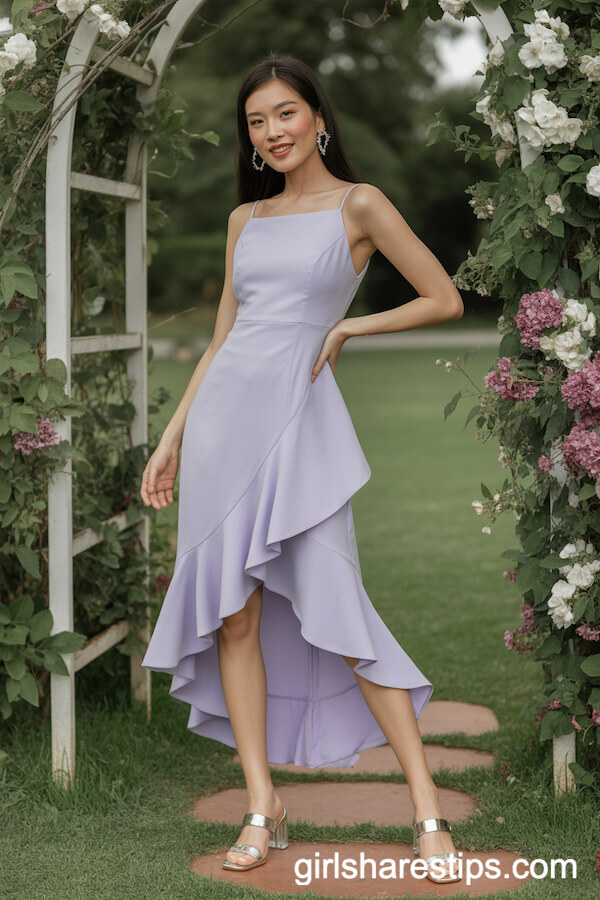 Lilac Asymmetric Ruffle-Hem Dress with Crystal Heels