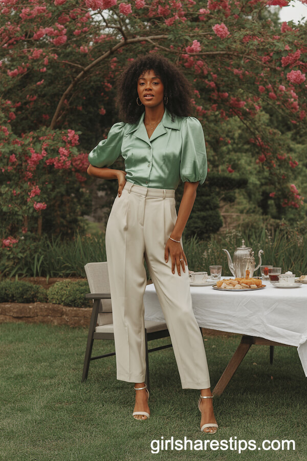 Jade Green Puff-Sleeve Satin Blouse and Cream Slacks