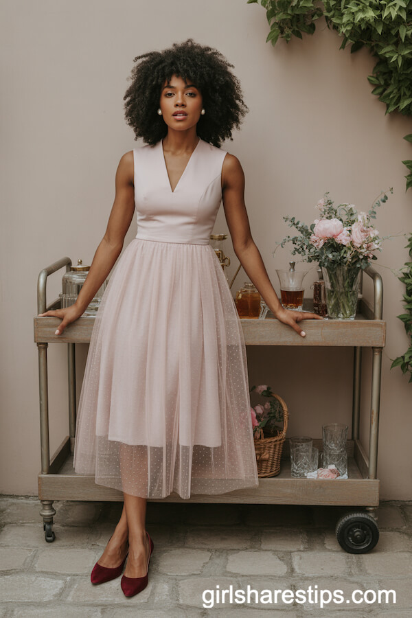 Blush Pink Midi Dress with Tulle Overlay and Velvet Pumps