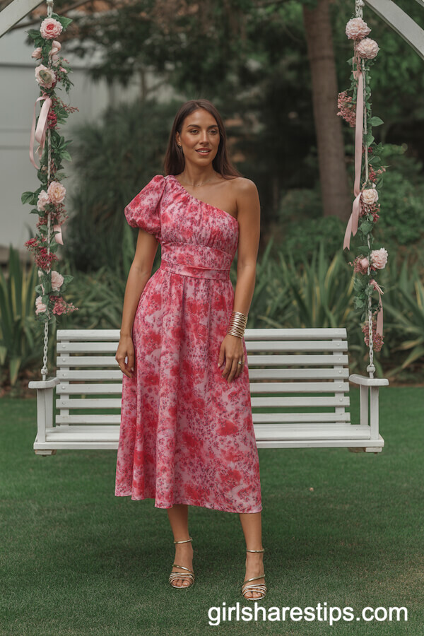 Vibrant One-Shoulder Floral Midi Dress and Gold Strappy Heels