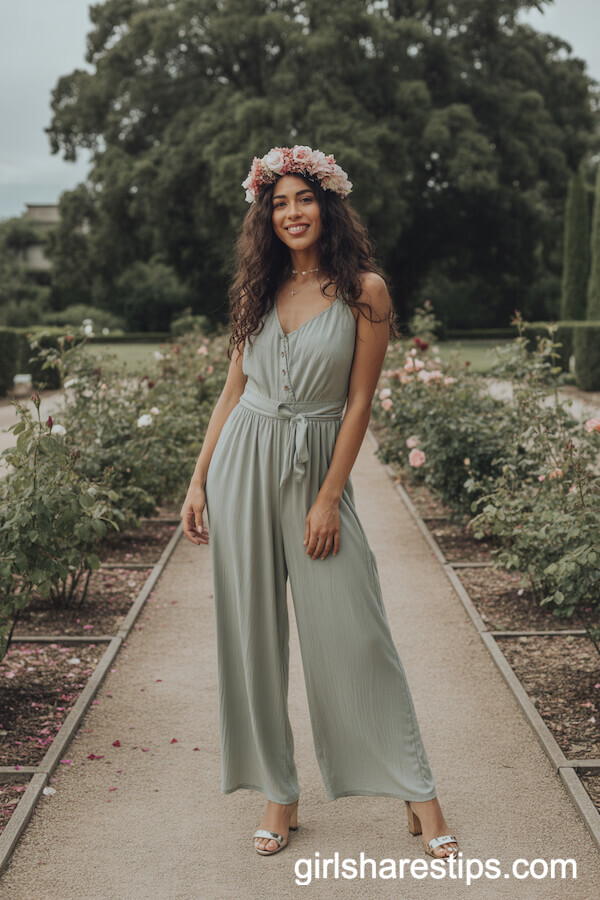 Sage Green Boho Jumpsuit with Floral Crown