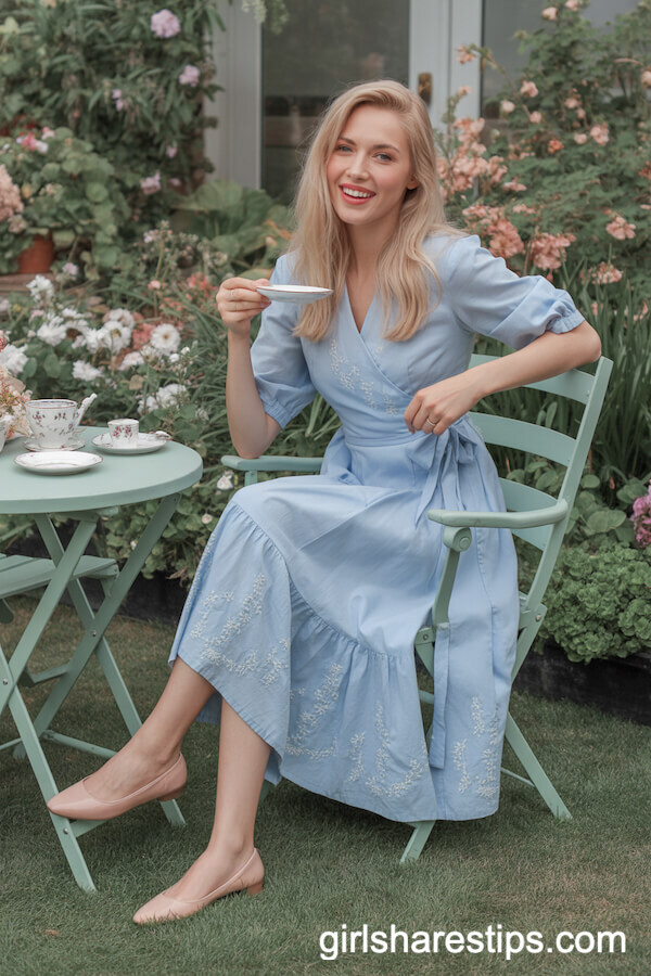 Pale Blue Embroidered Wrap Dress Nude Ballet Flats