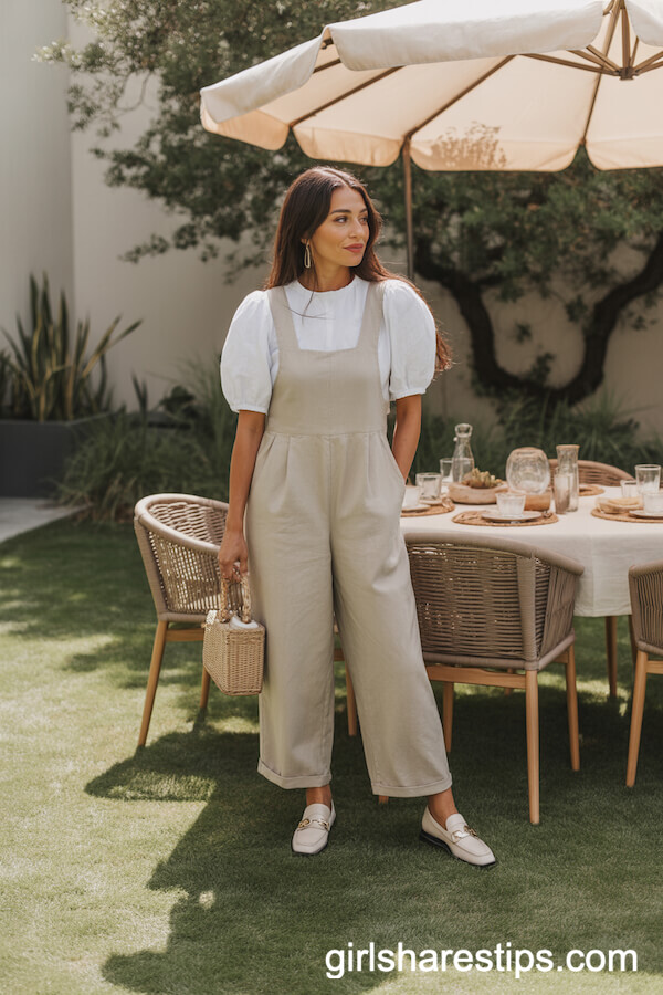 Linen Overalls over White Puff-Sleeve Blouse