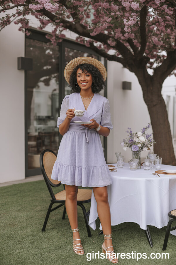 Pastel Lavender Ruffled Mini Dress Straw Boater Hat