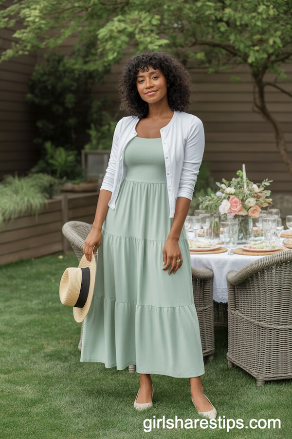 Mint Green Tiered Maxi Dress and Fitted White Cardigan