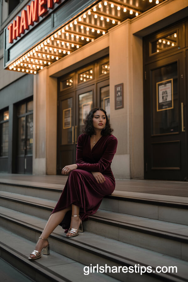 Fitted Velvet Wrap Dress with Metallic Sandals