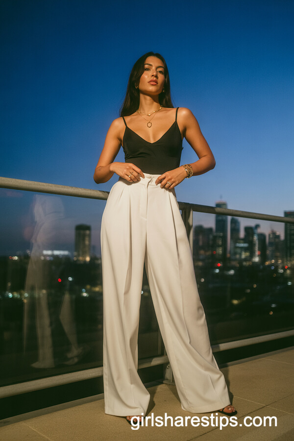 Sleek Black Bodysuit with White Wide-Leg Trousers