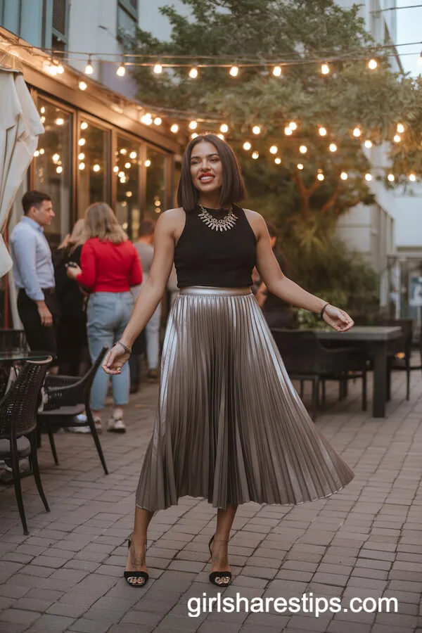 Metallic Pleated Midi Skirt Fitted Black Top