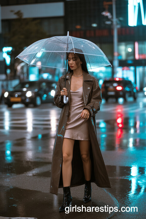Glossy Trench Coat Over a Mini Slip Dress
