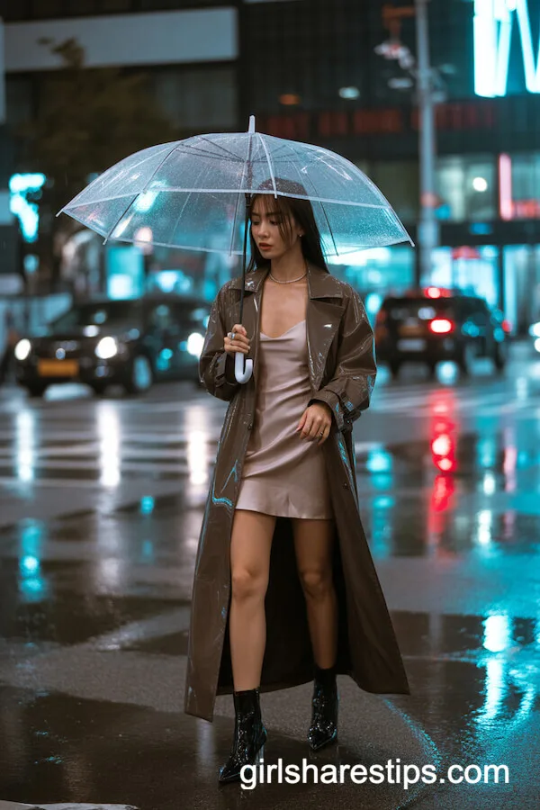 Glossy Trench Coat Over a Mini Slip Dress