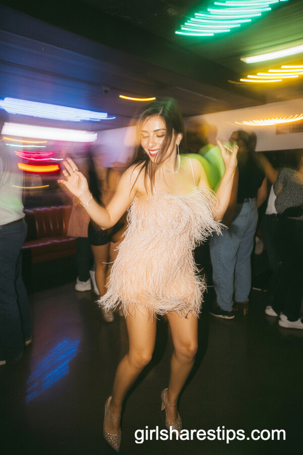 Feather-Trimmed Dress with Sparkly Heels