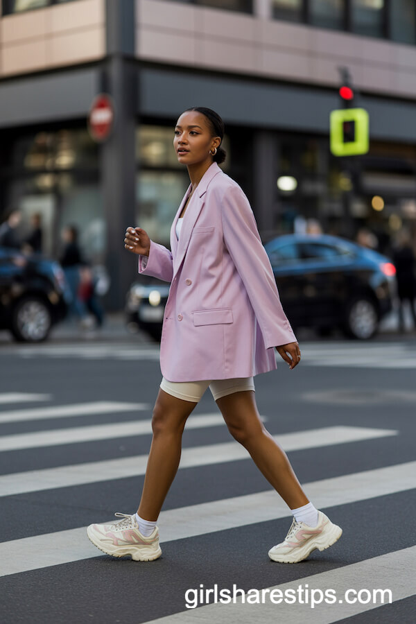 Oversized Pastel Blazer with Bike Shorts and Chunky Sneakers