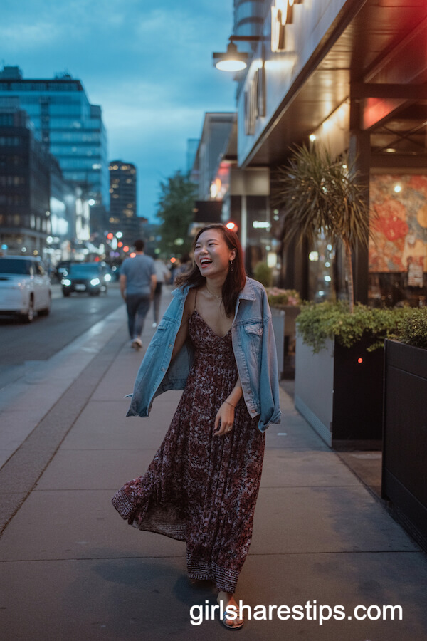 Flowy Boho Maxi Dress with Denim Jacket