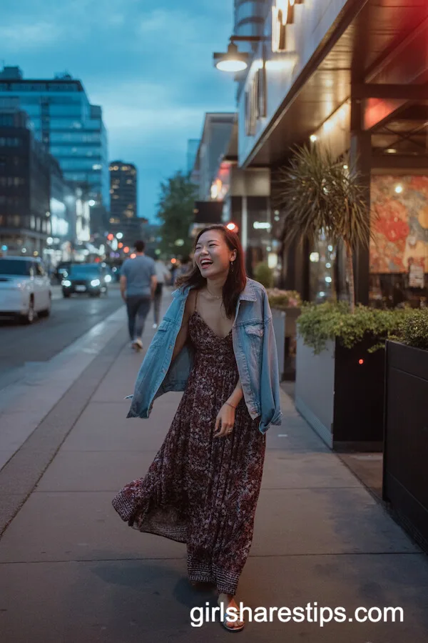 Flowy Boho Maxi Dress with Denim Jacket