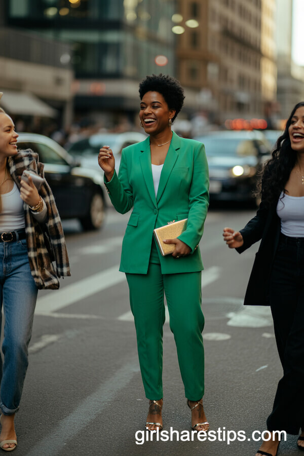 Emerald Green Tailored Suit with Strappy Heels