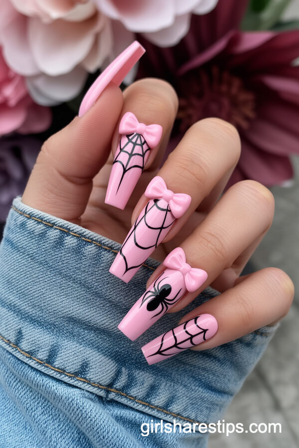 Pink and Black Lace Spiderweb Halloween Coffin Nails