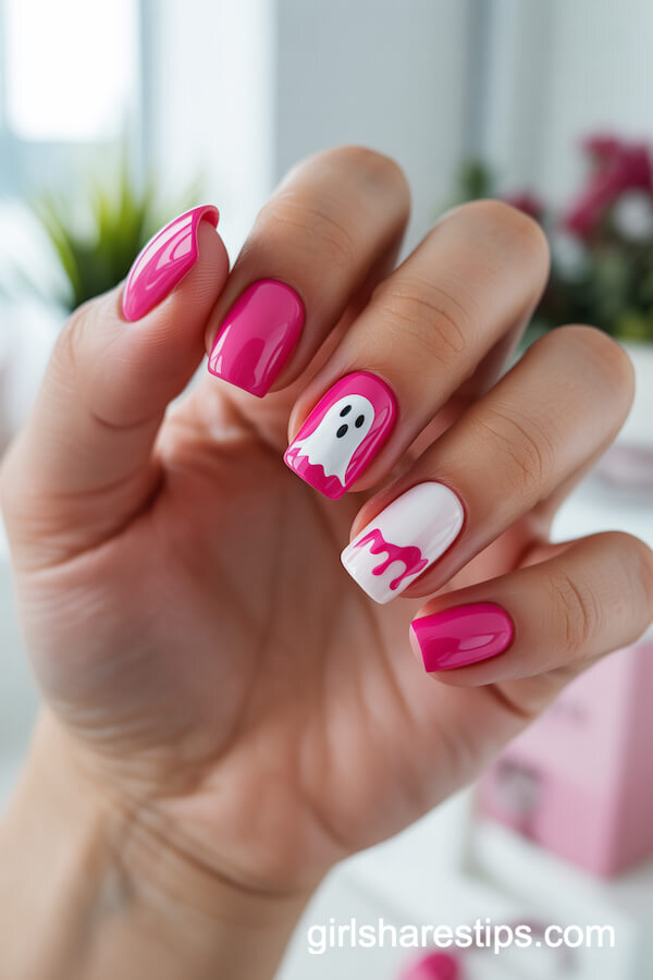 Hot Pink and White Square Nails with Ghost and Blood Drips
