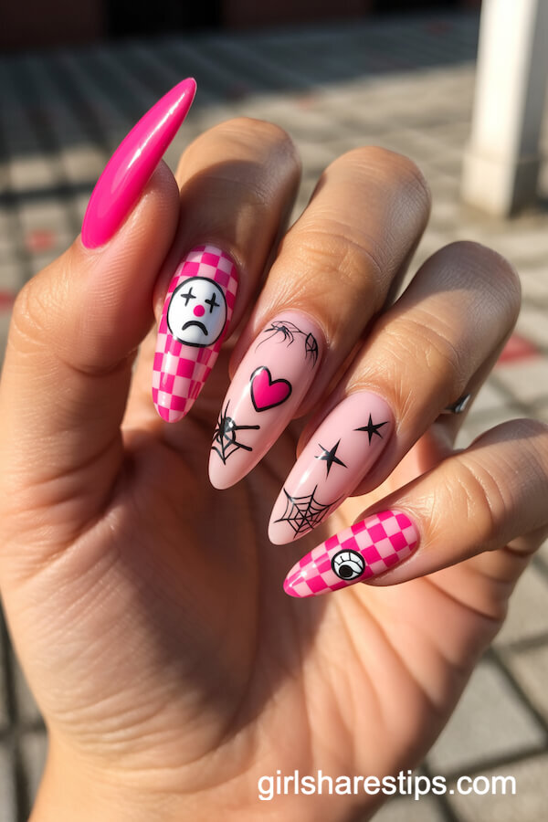 Playful Pink Halloween Nails with Checkerboards and Clown Faces