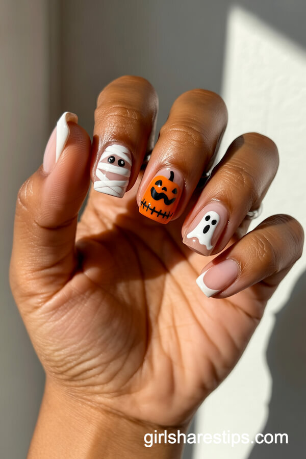 Square Halloween Nails with Mummy, Frankenstein, Pumpkin, and Ghost