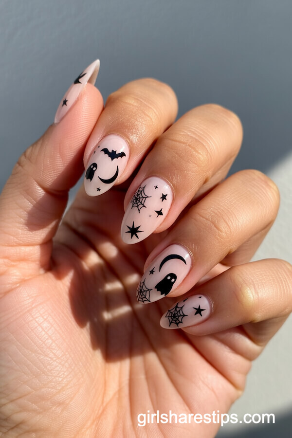 Nude Pink Almond Nails with Minimal Black Halloween Icons
