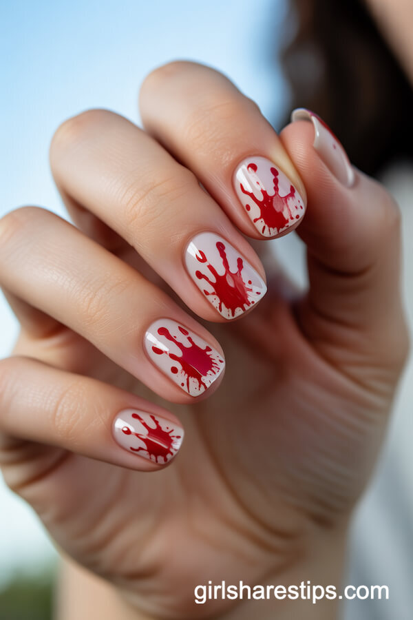 White Bloody Handprint Halloween Nails on Short Square Shape