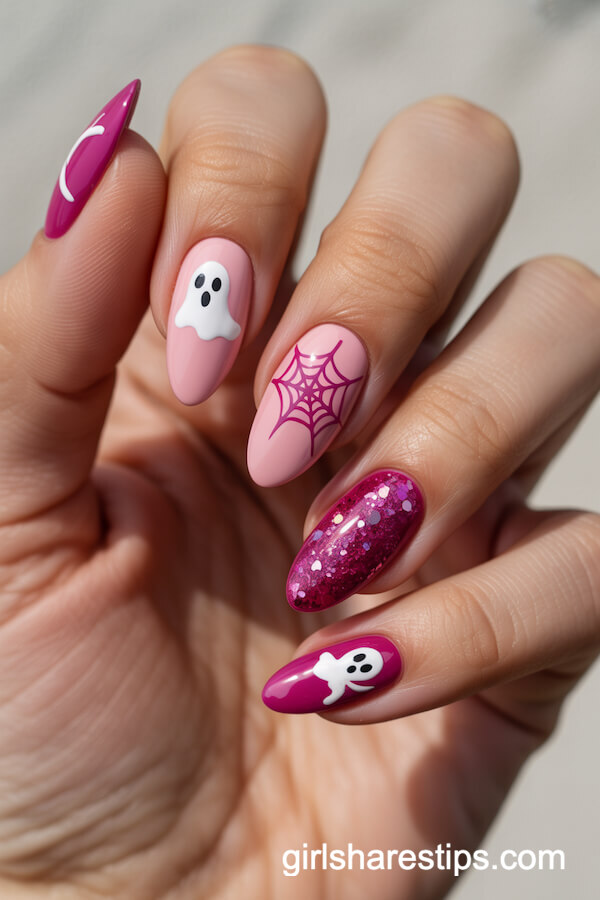 Soft Pink and Magenta Almond Nails with Ghosts and Spiderwebs