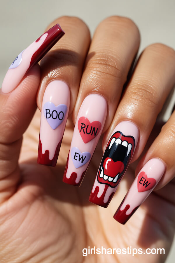 Pastel Pink Coffin Nails with Vampire Mouth and Gothic Candy Hearts