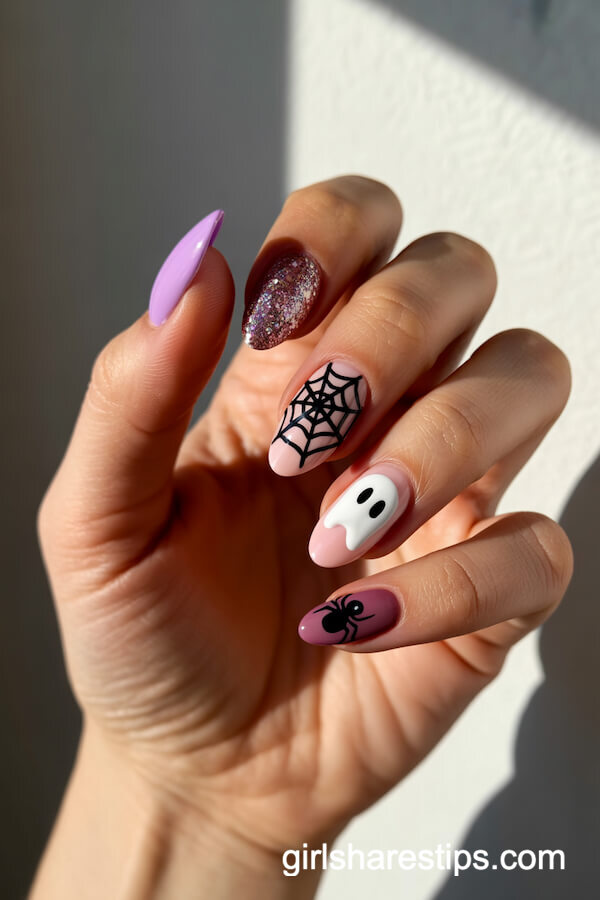 Pink and Purple Halloween Almond Nails with Ghosts and Spiderwebs